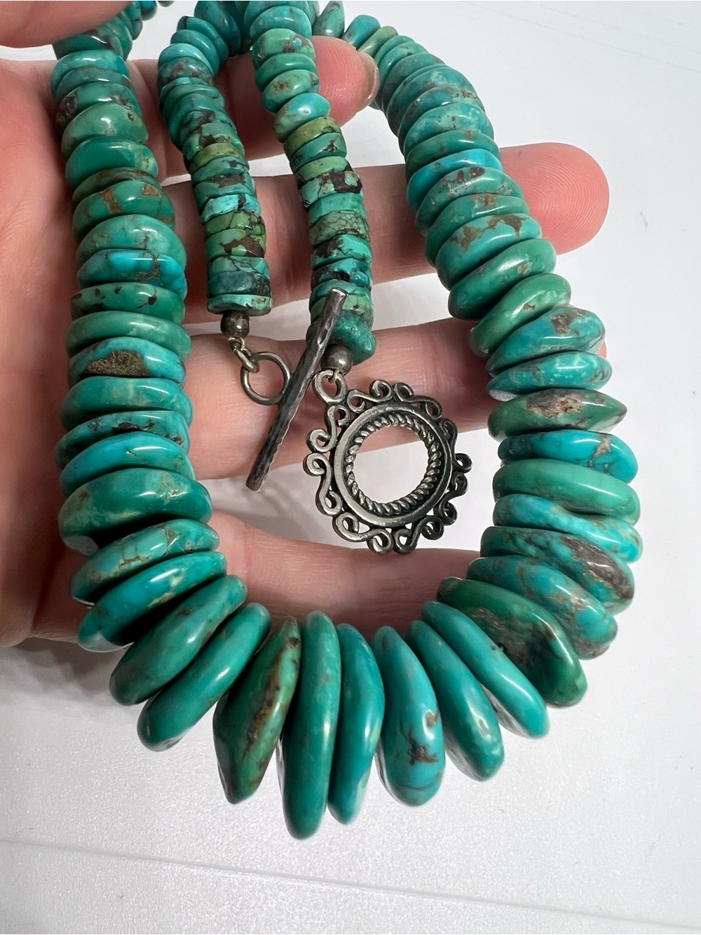 Natural Turquoise Beaded Necklace with Sterling Silver Clasp